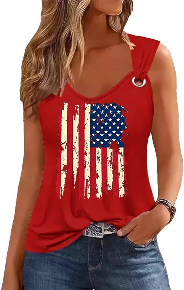 Womens Gradient Notched Neck Casual Tank Tops Novelty Sleeveless Shirts Funny Graphic Tee Vests (Red, L)