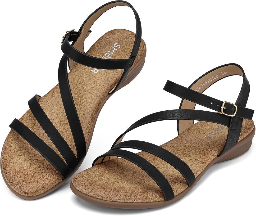 SHIBEVER Women's Flat Sandals Dressy: Comfortable Summer Strappy Sandals with Ankle Buckle, Open Toe Flat for Beach, Vacation & Daily Wear, Size 9