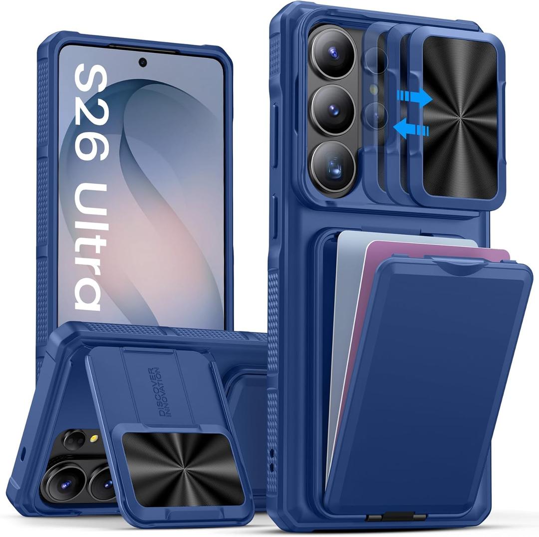 SSLOTSCASE for Samsung Galaxy S26 Ultra Case with Stand & Credit Card Holder & Sliding Camera Cover & Wallet, Heavy-Duty Rugged Silicone Edge Protective Case Cover for S26 Ultra 5G 6.9" 2026, Blue