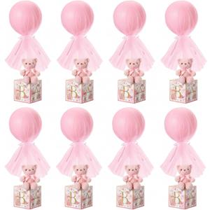 8 Sets Pink Bear Tulle Tutu Balloon with Letter Boxes Baby Shower Table Centerpieces Decor Gender Reveal Balloons Pink Tulle Cover with Stand Planter Blocks for Girl Gender Reveal Birthday Party Favor