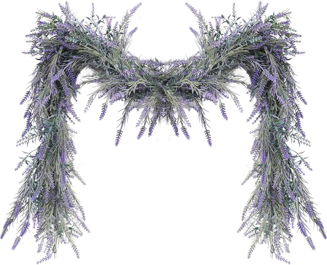 MAKHOT Spring Summer Lavender Purple Garland, 6Ft Lavender Artificial Green Garland, Fake Silver LavenderLeaves Vines for Wedding Mantle Party Arch Porch Stair Table Door Home Decor (Light Purple)