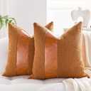 2 x Boucle Decorative Throw Pillow Covers 18"x18" Set of 2  Modern Textured Pillowcases with Faux Leather Contrast Stripe, Neutral Accent for Couch, Bed, or Chair  Leather Brown