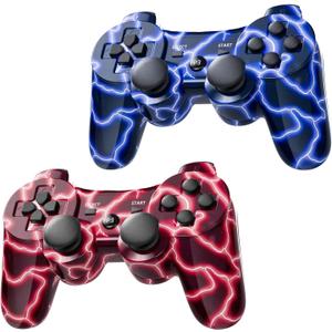 Wireless Controller for PS-3 Motion Sense Double Vibration Upgraded Gaming Remote for Play 3 with Charging Cord (BlueFlash and RedFlash)
