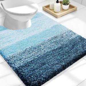 OLANLY Luxury Toilet Rugs U-Shaped 24x20, Extra Soft and Absorbent Microfiber Bathroom Rugs, Non-Slip Plush Shaggy Bath Mat, Machine Wash Dry, Contour Bathroom Mats for Toilet Base, Peacock Blue