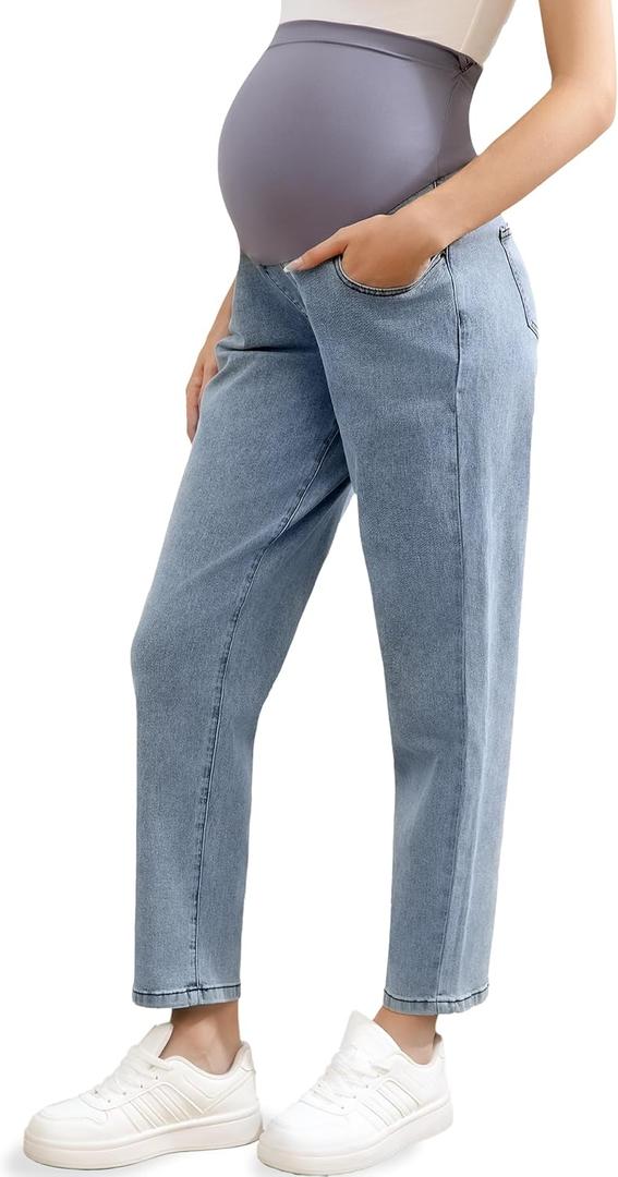 Women's Maternity Jeans Over Belly, Comfy Stretch Boyfriend Jeans, Loose Pregnancy Pants with Pockets (X-Large)