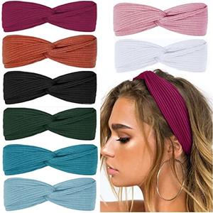 Huachi Headbands for Women Twist Knotted Boho Stretchy Hair Bands for Girls Criss Cross Turban Plain Headwrap Yoga Workout Vintage Hair Accessories, Solid Color, 7Pcs