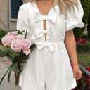 Cicy Bell Womens Cute Rompers Bow Front Puff Sleeve V Neck Short Jumpsuits Sexy Summer Outfits with Pockets (White, XXL)