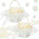 2 Packs Wedding Flower Girl Baskets with 300 Pcs Silk Petals, Pearl Handle and Ribbon Bow, White Lace Satin Elegant Storage Flower Girl Baskets for Wedding Bride Ceremony Party Accessories