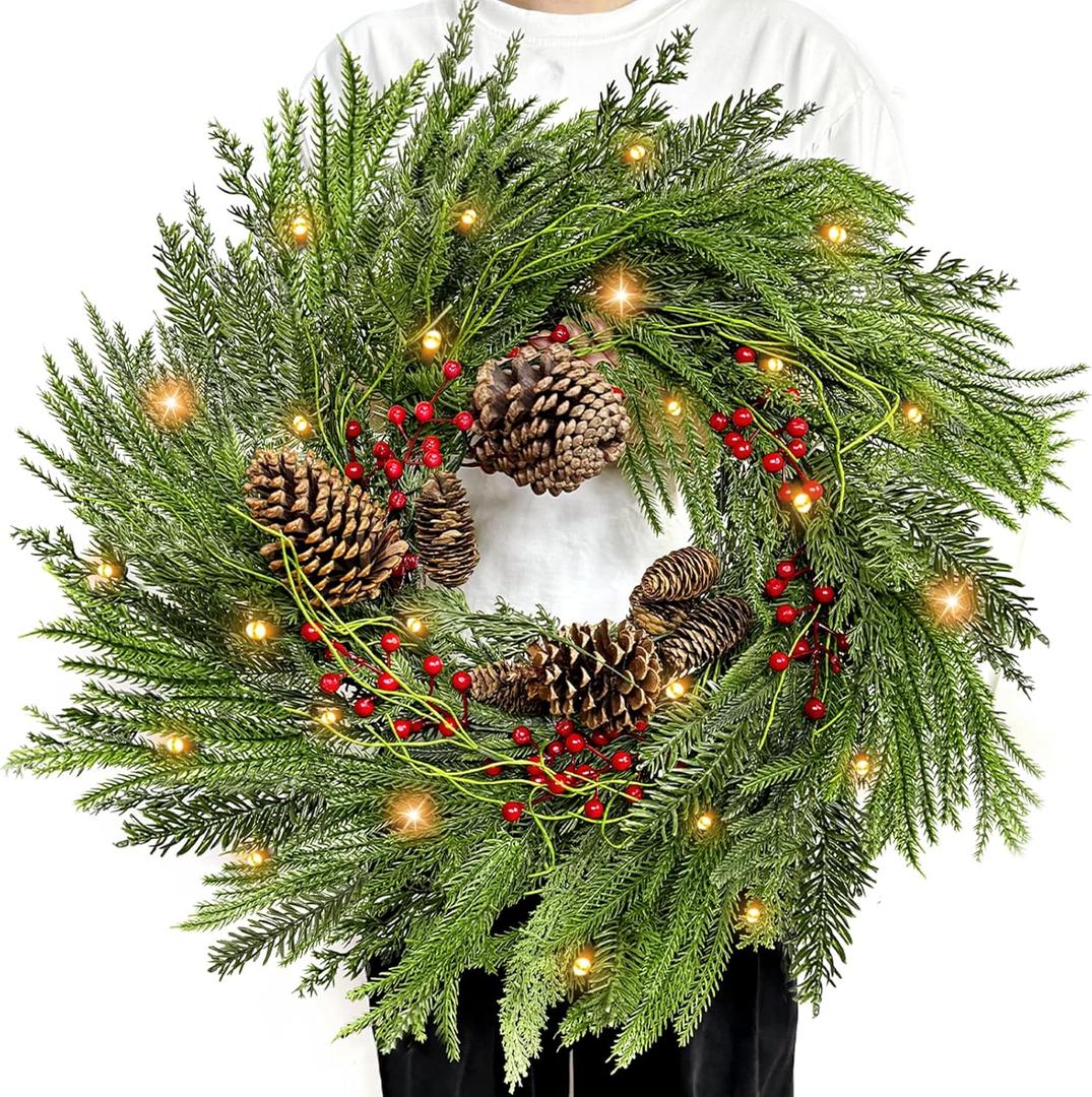 8 Modes & Timer - 24" Lighted Christmas Wreaths for Front Door with 50 LED, Real Touch Norfolk Pine Wreath Cedar & Cypress Tips Pinecones Berries Artificial Xmas Door Wreath for Home Indoor Wall Window