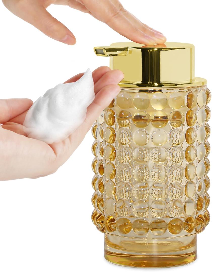 Foaming Soap Dispenser, Amber Glass Soap Dispenser with Gold Pump, 12 Oz Refillable Large Lotion Container Bottle, Foam Lotion Dispensers for Kitchen Bathroom Countertop