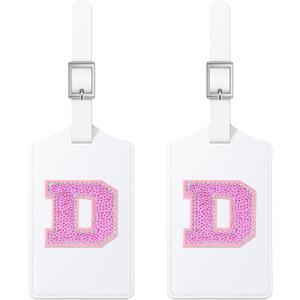 Sodsay 2 PCS Initial Luggage Tag, Luggage Tags for Suitcases Cute Sequin Letter PU Leather Travel Bag Baggage Tags Privacy Cover ID Label for Women Kids Teens Men(D, White Leather+Hot Pink Letter)