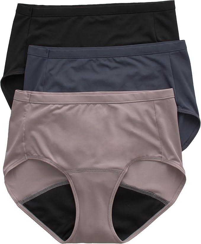 Hanes Women's Fresh & Dry Light and Moderate Period (Pack of 3) Brief Underwear, Beige,Gray and Black, 8
