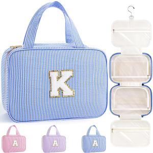 TOPEAST Travel Hanging Toiletry Bag, Personalized Initial Toiletry Pouch, Birthday Gifts for Women Mom Daughter Sister Friends, Cruise Essentials, Blue K