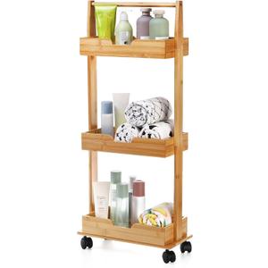 Lyellfe 3 Tire Shower Caddy Stand, Bamboo Shower Floor Organizer Corner with Sliding Wheels, Bathroom Caddy Shelf Rack for Bathtub, Office, Kitchen