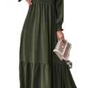 Women's Sqaure Neck Casual Dress Long Sleeve Maxi Dress Ruffle Shirred Flowy Long Dress (Army Green), XS