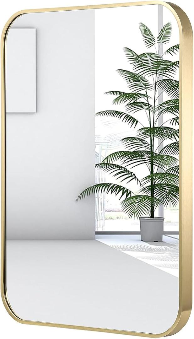 22x30 Inch Gold Bathroom Mirror, Brushed Gold Metal Framed Rectangular Mirror with Rounded Corner, Bathroom Vanity Mirror for Bedroom or Living Room, Horizontal/Vertical