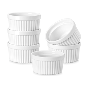 MALACASA Ramekins 8 oz Oven Safe, Porcelain Creme Brulee Ramekins Pudding Custard Cups Ceramic Souffle Dishes Ramakan Ramiken Ramicans Baking Bowls Set of 6, White, Series RAMEKINDISH