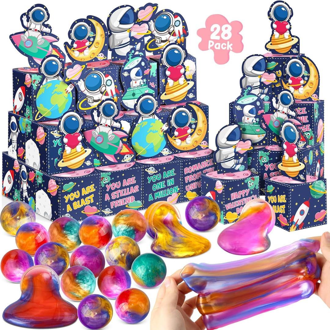 NAWITDA 28 Pack Valentines Day Gifts for Kids Classroom Galaxy Slime with Astronaut Valentines Cards Boxes, Classroom Exchange Gifts, Valentines School Party Favors Toys for Boys Girls
