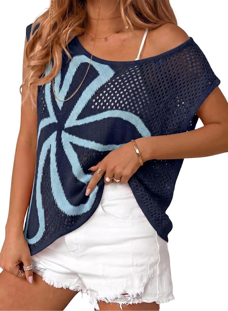 Dokotoo Womens Cap Sleeve Crochet Sweater Hollow Out Floral Summer Tops Casual Beach Vacation Cruise Outfits (M)