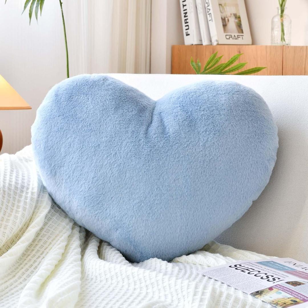 XVTRU Dusty Blue Heart Pillows, Cute Heart Decorative Pillow, Heart Shaped Throw Pillows for Bed, Faux Rabbit Fur Plush Hoom Decor Pillow Cushion for Chair Sofa Living Room (Large-19.6"x15.7")