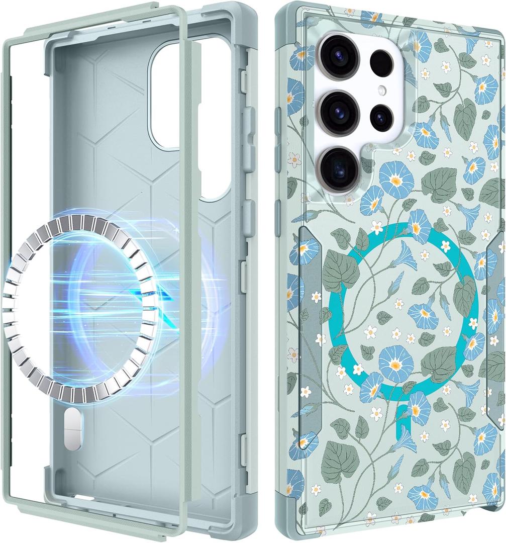for Samsung Galaxy S25 Ultra Case - [Compatible with MagSafe] Women Cute Girls Magnetic Protective Phone Cover Blue Flowers Unique Heavy Duty Shockproof Funda para Samsung S25 Ultra Cases