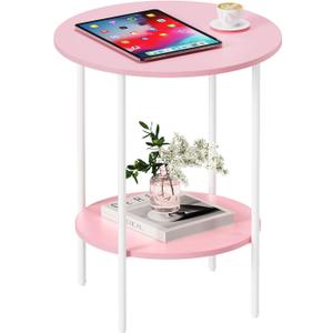Side Table,Round End Table with 2 Storage Shelves| Compact Side Tables for Living Room, Couch, Gym, Office & Bedroom | Narrow Accent Table as Space-Saving Small Bedside Table 18x18x22in(Pink)