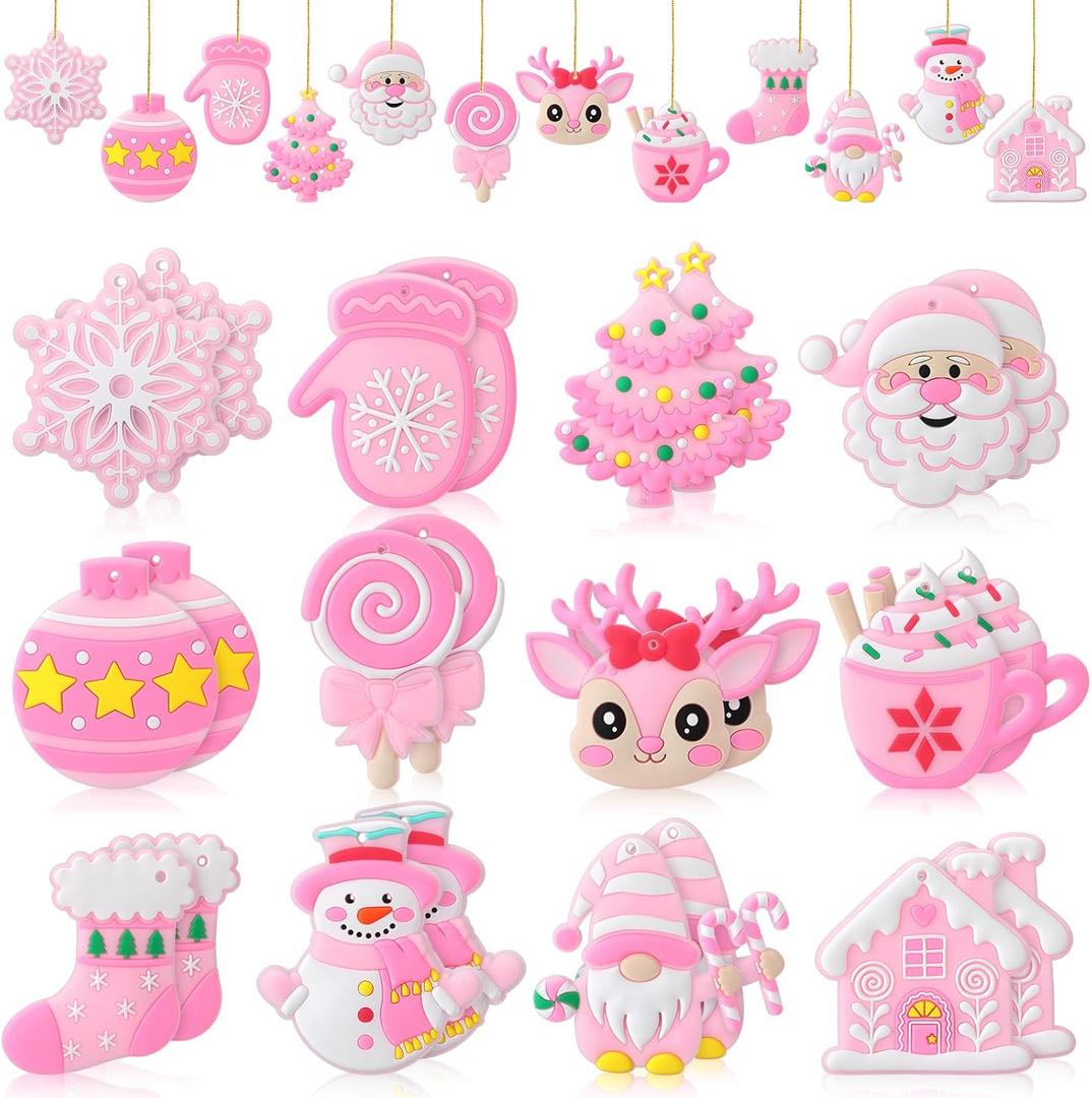 24 Pcs Pink Christmas Ornaments PVC Pastel Ornaments for Christmas Tree Santa Claus Gingerbread House Gnomes Xmas Baubles Winter Decorations for Xmas Tree Party Holiday Decor