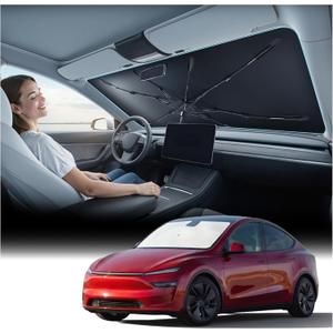 [2026 Upgraded] Nmoiss Windshield Sun Shade Umbrella for Tesla Model Y & Model 3 - [Vinyl Coating Heat Shield] Protect Car from Sun Rays & Heat Damage Keep Cool and Protect Interior