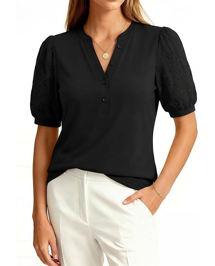 Uhiger Black Blouses for Women Henley V Neck Embroidered Eyelet Puff Sleeve Female Plus Size Summer Outfits (XXL)