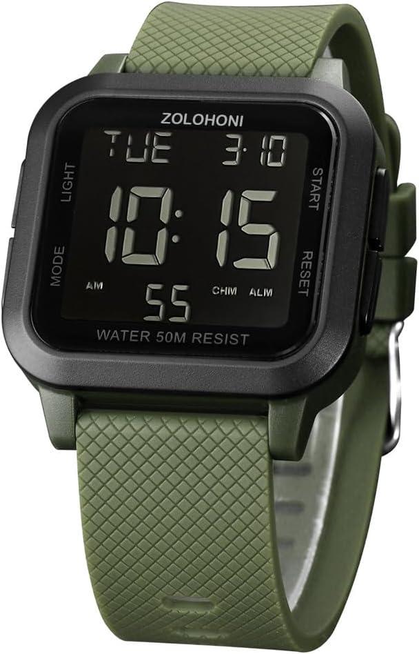 Mens Digital Watch for Men, Stainless Steel Square Watches, Mens Wrist Watches Waterproof Large Face Dual Time Date Watch (Green)