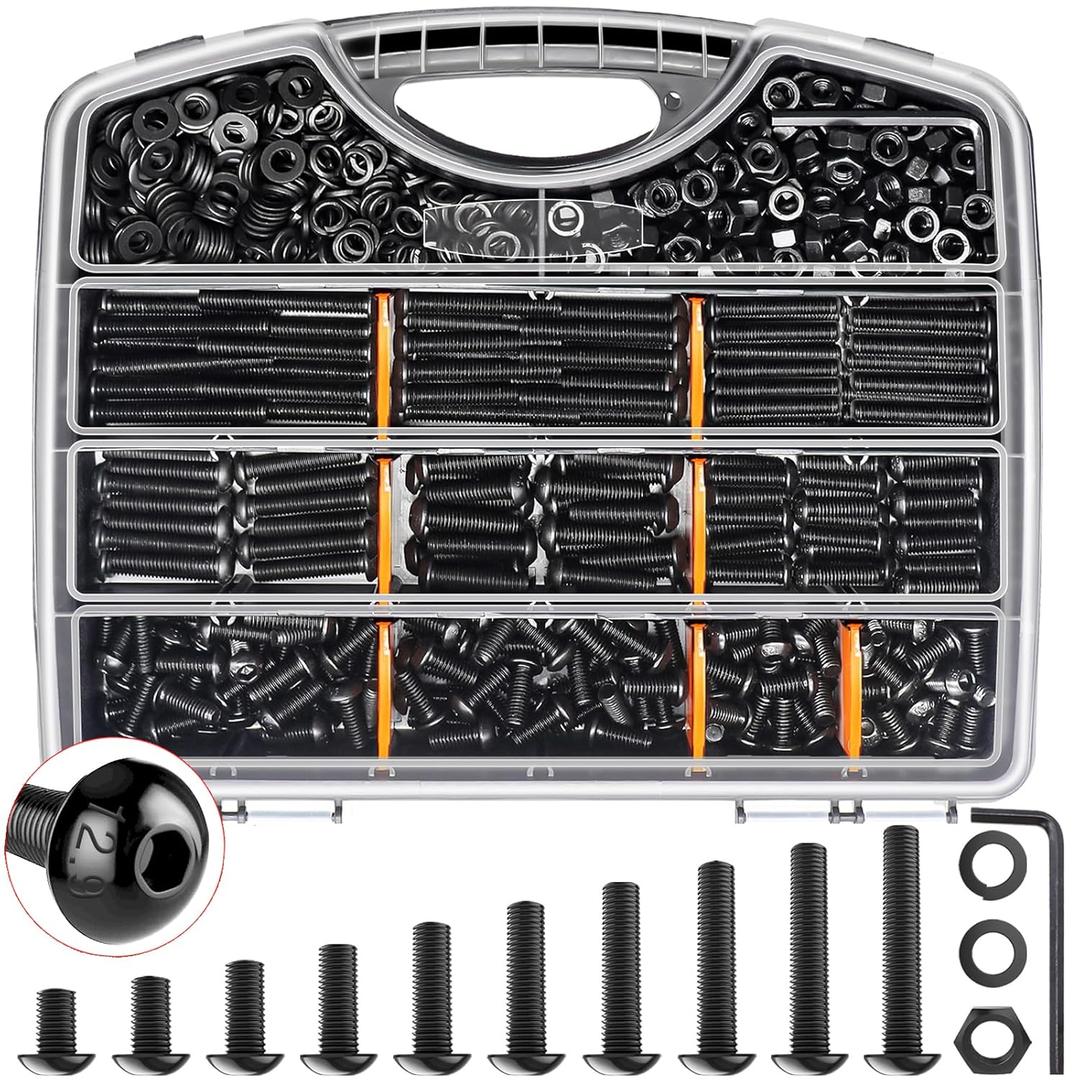 Twidec/633PCS M6 Bolt Assortment Kit 12.9 Grade M6x10/12/14/16/20/25/30/35/40/45mm Button Head Hex Socket Cap Screws Metric Bolts Nuts Washer Assortment Kit Black Alloy Steel N-103-633PCS