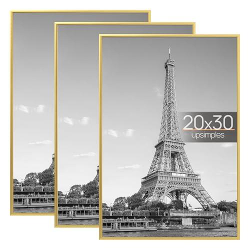 Upsimples 20x30 Picture Frame Gold 3 Pack, Scratch-Proof Poster Frames 20 x 30 for Photo Gallery - Slide-In Strips, Horizontal or Vertical Wall Mounting