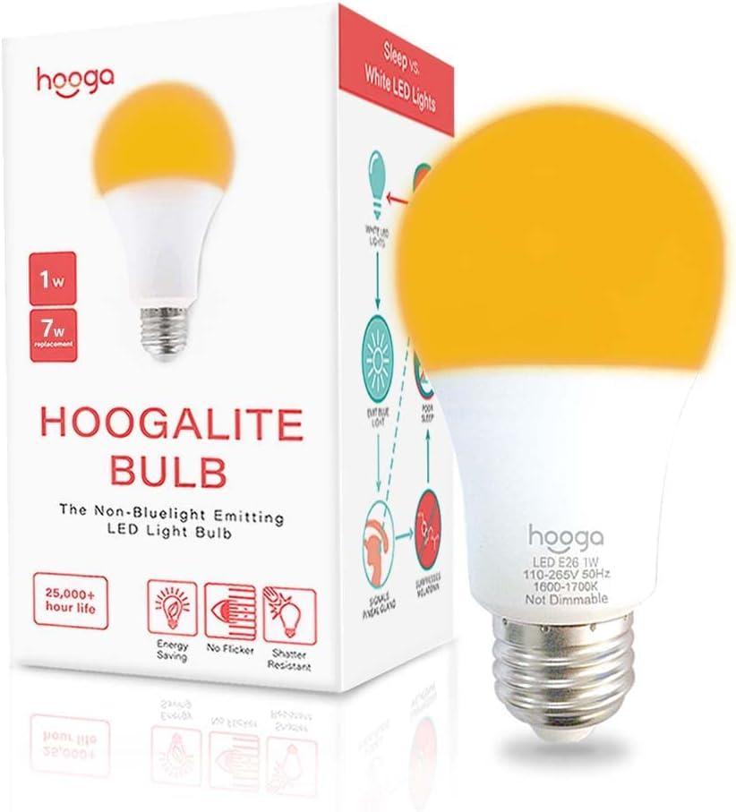hooga Sleep Light Bulb, Amber Light Bulbs for Sleep Therapy, Blue Light Blocking, 1600K Dim Light Bulbs 7W Equivalent, Mood Soothing Light, E26 A19 Warm Light Bulbs for Bedroom, Nursery, 1 Pack.