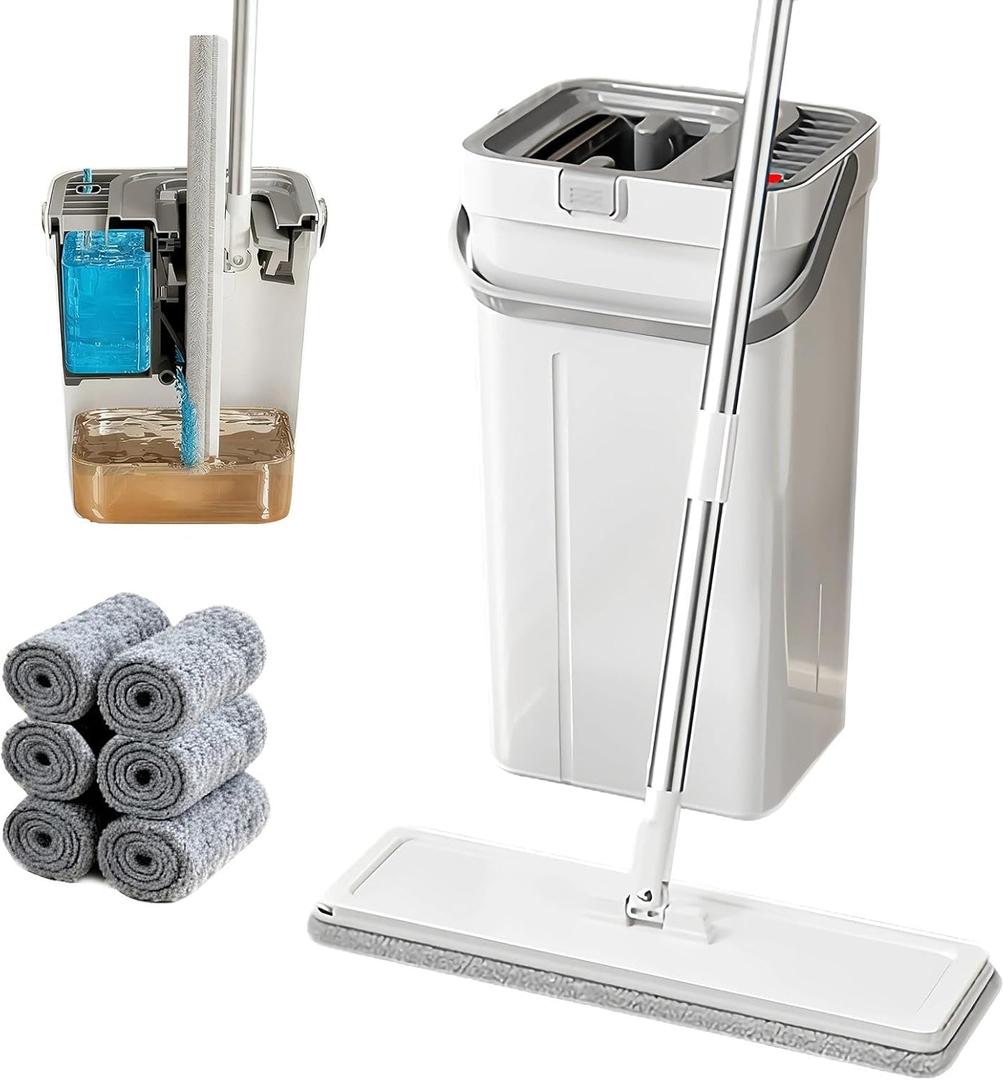 Mop and Bucket Set, Flat Mop and Bucket System with Wringer, Automatic Separates Dirty and Clean Water Include 6 Reusable Microfiber Mops for Floor Cleaning