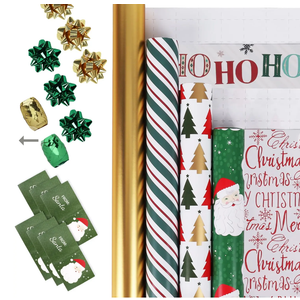 LaRibbons Christmas Wrapping Paper Set, Classic Santa & Stripe Design with Gift Bow & Ribbons & Tags, Perfect for Holiday, Party, Xmas Celebration,30 Inch X 10 Feet (4Rolls, 100 sq.ft.ttl.)