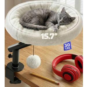 PetLovers Cat Desk Bed - Plush Elevated Desk Bed Attachment with Removable Washable Cushion, 360 Swivel Arm, Secure Clamp - Keeps Your Cat Close While You Work or Play