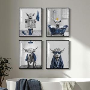 Framed Highland Cow Funny Bathroom Wall Art, 4 Piece Fun Animal Navy Blue Art Prints, Cute Cow Sitting on Toilet or in Bathtub or Reading Pictures Wall Decor for Toilet, Restroom, Washroom, Bathroom, Size: 8" W x 10" H x 4 Pcs