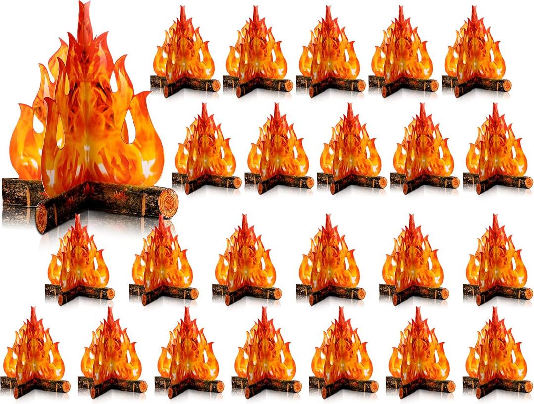 Boao 24 Set 12 x 10 Inch Fake Fire Fake Flame Bulk 3D Cardboard Campfire Camping Decoration Centerpiece Artificial Flames Faux Fire for Camp Bachelorette Christmas Thanksgiving Party(Gold Orange)