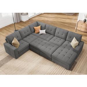 HONBAY Sleeper Sofa Bed with Storage Chaise, Sectional Couch with Pull Out Bed, U Shaped Sectional Sleeper Sofa Couch, Grey