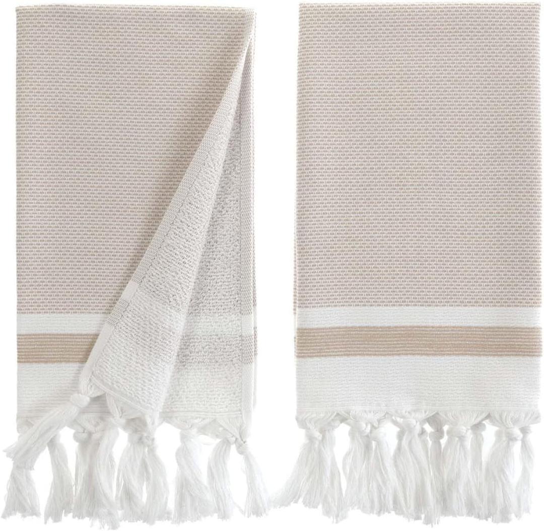 sea me at home Turkish Hand Towels for Bathroom, Kitchen Towels Decorative Set of 2, Luxury Turkish Cotton Dish Tea Towels 14 x 30 Inches for Bohemian, Rustic, and Farmhouse Decor (Beige)