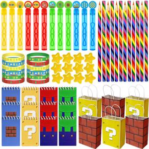 72pcs Super Bros Party Favors, Birthday Party Supplies Including Stress Relief Stars, Notebooks, Rainbow Pencils, Silicone Bracelets, Game On Gaming Party Gifts Classroom Rewards for Kids