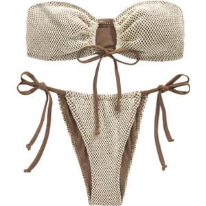 SHENHE Women's Bandeau Bikini Set 2 Piece Drawstring Strapless Tie Side Swimsuit (Medium, Brown)