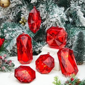 Syhood 6 Pack Jewel Ornament 3.9"- 6.5" Acrylic Jewel Ornaments for Christmas Tree Glitter Christmas Tree Hanging Decorations Gemstones for Xmas Wedding Holiday Party Decor (Red)