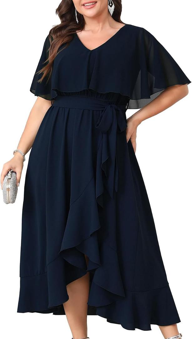 Women Plus Size Long Formal Dress Short Sleeve Chiffon Ruffle V Neck High Low Split Wedding Guest Maxi Dresses, Size: X-Large Plus