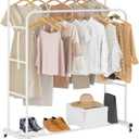 Laiensia Double Rods Clothing Rack with Wheels, Garment Rack for Hanging Clothes, Multi-functional Bedroom Clothes Rack, White