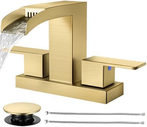 Cobbe Waterfall Bathroom Faucets 3 Hole, Brushed Gold Bathroom Sink Faucet Square 4 Inch Centerset with Pop-Up Drain, 2 Handle and 2 Supply Hoses, Lead-Free Stainless Steel for Vanity Sink Rv