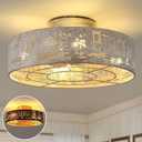 Caged Ceiling Fans with Lights Flush Mount,Low Profile Ceiling Fan with Remote,20 Inch Caged White Fan for Bedroom,6 Speeds Reversible Enclosed Fandalier Ceiling Fan with Bulb, Small ceiling Fan