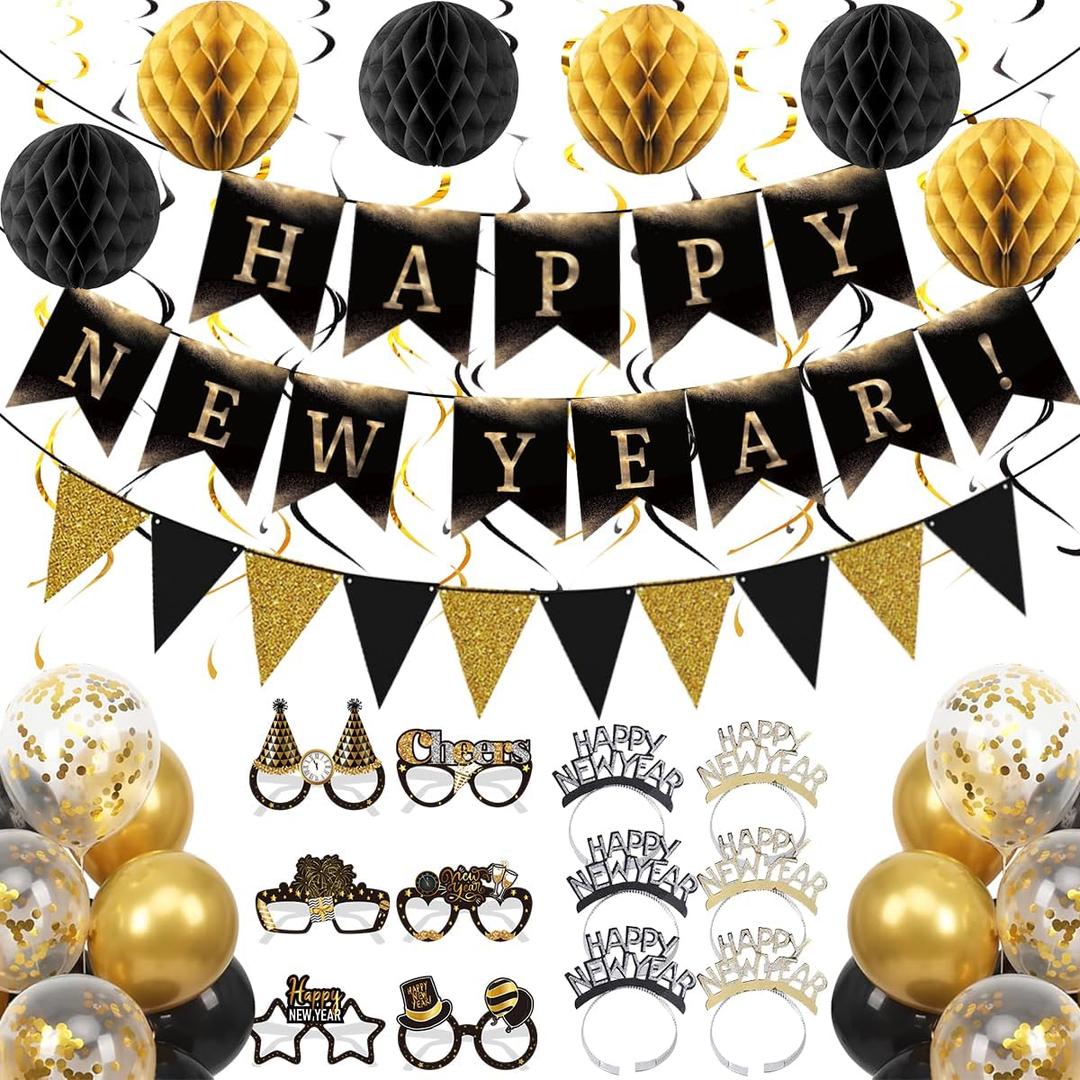 Happy New Year Eve Party Supplies 2026 Complete New Years Decorations Set with Happy New Year Banner, Black & Gold Triangle Flag, Headbands, Hanging Swirls, Honeycomb Balls & Balloons