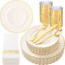 YOUBET 175PCS Ivory Scalloped Plastic Plates - Gold Disposable Dinnerware Set Include 50 Plates, 75 Gold Silverware, 25 Cups, 25 Napkins for Party & Wedding