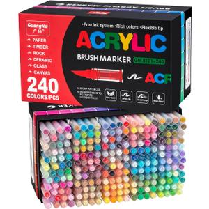 240 Colors Acrylic Paint Markers Set, Soft Flexible Brush Markers for Rock Painting, Canvas, Wood, Ceramic, Glass & Paper DIY Art Crafts